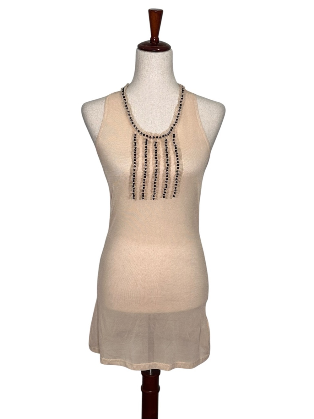 Twelve by Twelve Y2K Fairycore Beaded Scoop-Neck Cream sheer long line Tank Top